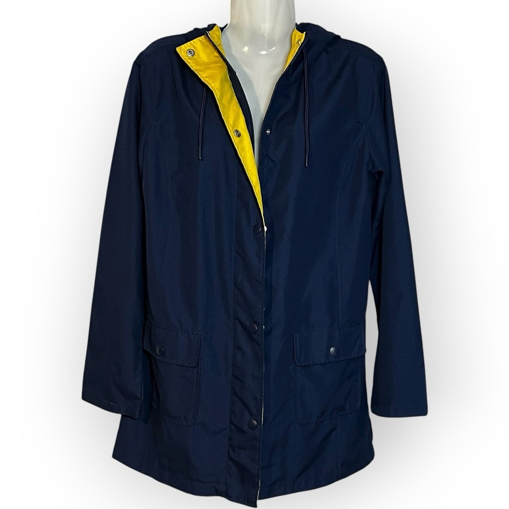 Navy Blue Yellow Hooded Rain coat Jacket S snap pockets Sailor Chic Nautical Sm‎